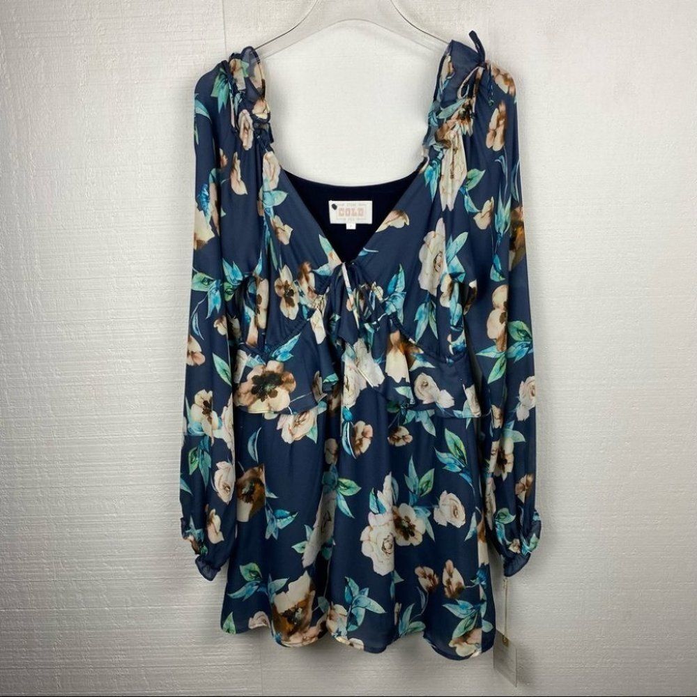 Stone Cold Fox Dress Blue Silk Floral Long Sleeve